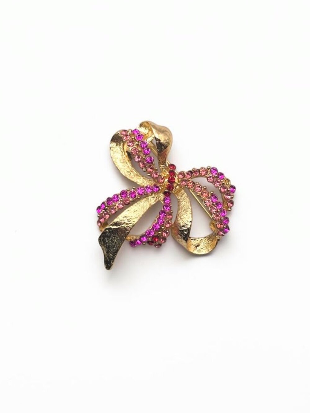 Vintage Gold Tone Pink Rhinestone Ribbon Bow Brooch Pin